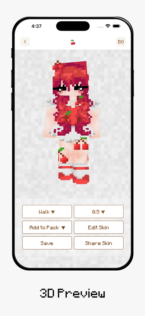 AI Skins for Minecraft - A 3D preview of a custom red aesthetic cherry themed Minecraft skin within the app interface