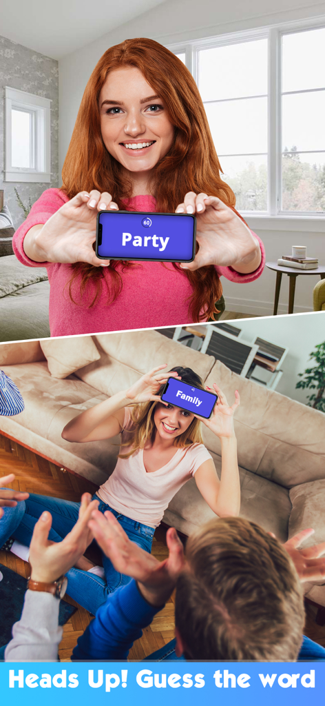 Party Charades: Guessing Game - Friends playing the Party Charades heads-up guessing game during a social gathering.