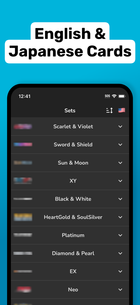 Interface of the DittoDex app showing a categorized list of English and Japanese Pokemon TCG card sets