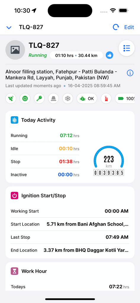Power Track-GPS - Power Track-GPS mobile app dashboard displaying real-time vehicle status today activity metrics and ignition start stop logs