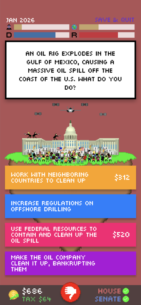 Impeached 2 - A gameplay screenshot from Impeached 2 showing a political scenario where the player must choose how to respond to an oil spill in the Gulf of Mexico.