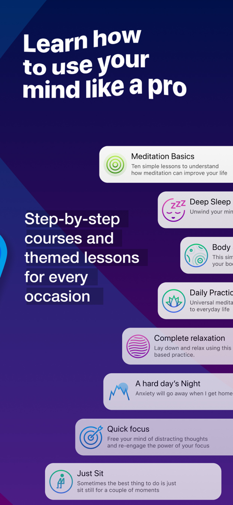 수면 및 집중력을 위한 다양한 테마의 명상 레슨 및 단계별 코스를 보여주는 Practico 앱 화면