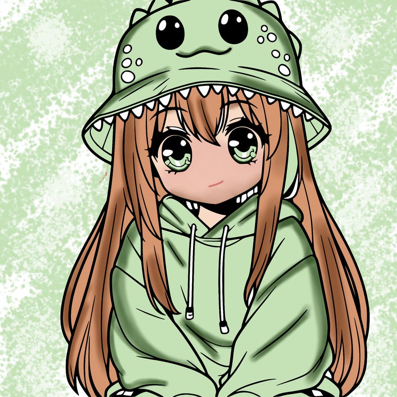 girl with anime shaped eyes with a dinosaur bucket hat oversized sweatshirt long straight hair