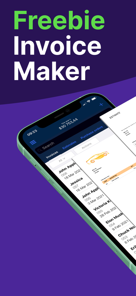 Easy Invoice Maker App - Easy Invoice Maker app interface on a smartphone displaying a list of professional invoices and business estimates