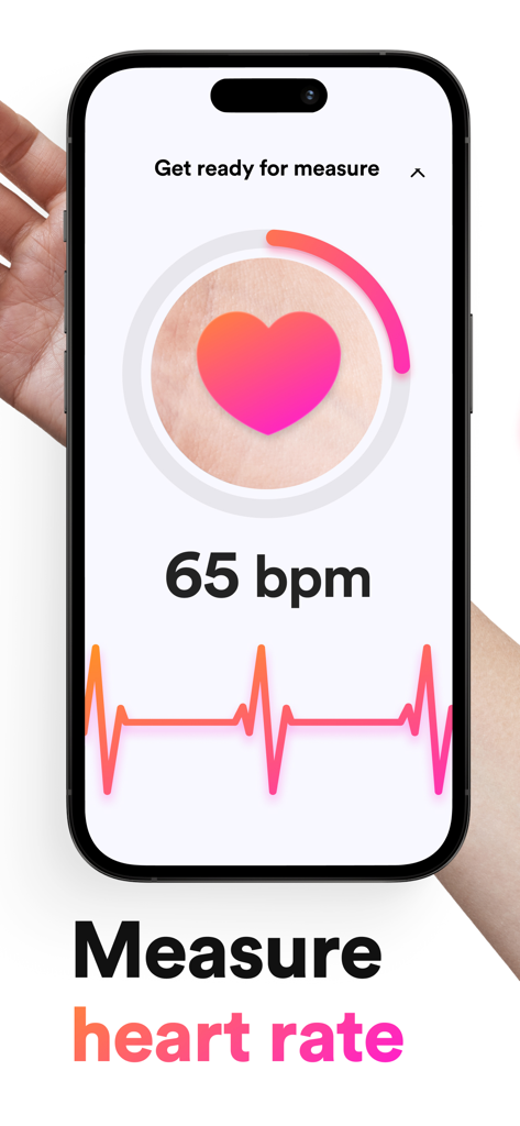 Blood Pressure Logger, Reader - Interfaz de aplicación móvil que muestra una medición de frecuencia cardíaca de 65 lpm con un gráfico de pulso.
