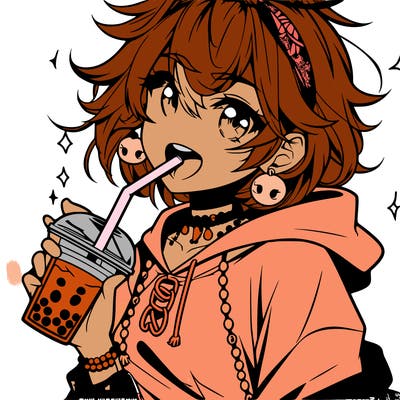 hot baddie anime girl drinking boba and biting the straw