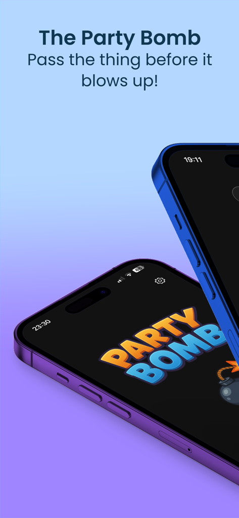 iPhones displaying the Party Bomb game interface and ticking bomb logo