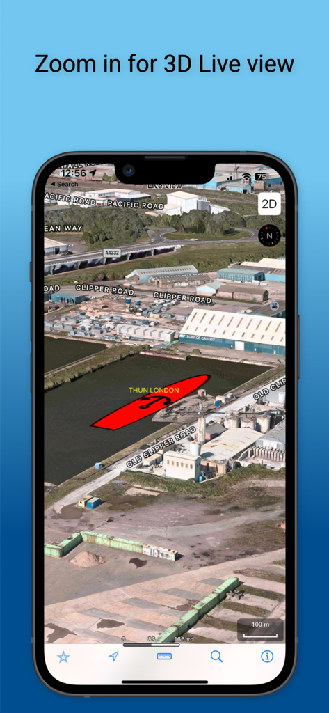 Boat Watch Pro - iPhone screenshot showing a 3D live view of a ship named Thun London in a port