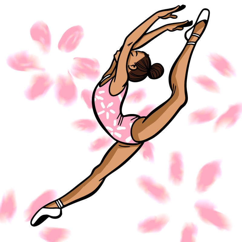 gymnast doing a leap in a leotard with a bent back leg