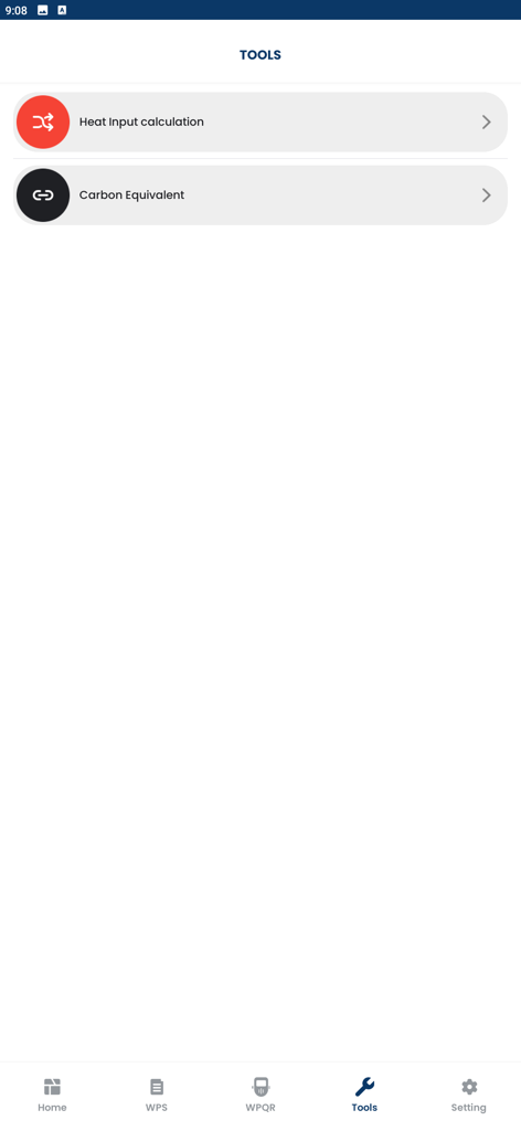 ASME IX Welding - ASME IX Welding App Tools-Bildschirm mit Rechnern für Wärmeeingang und Kohlenstoffäquivalent