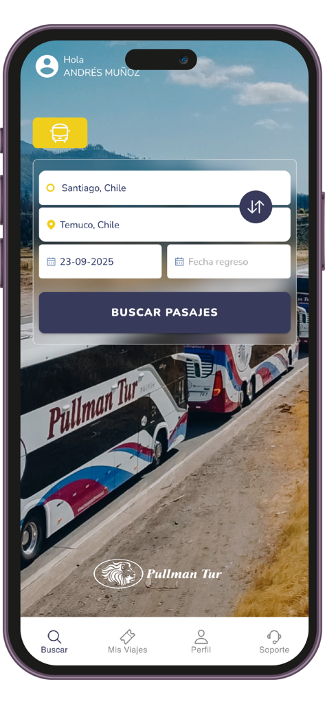 Pullman Tur - Pantalla de búsqueda de la app móvil Pullman Tur para reservar billetes de autobús entre ciudades chilenas