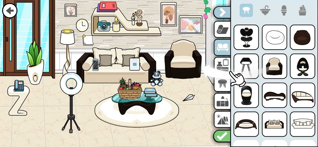 Tizi Modern Home Design Games - Escena de salón de dibujos animados con un menú lateral que muestra varias opciones de muebles para personalizar el diseño interior.