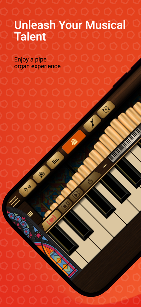 Pipe Organ - Interfaz de la aplicación Órgano de Tubos que muestra un teclado digital con controles musicales y acentos de vidrieras