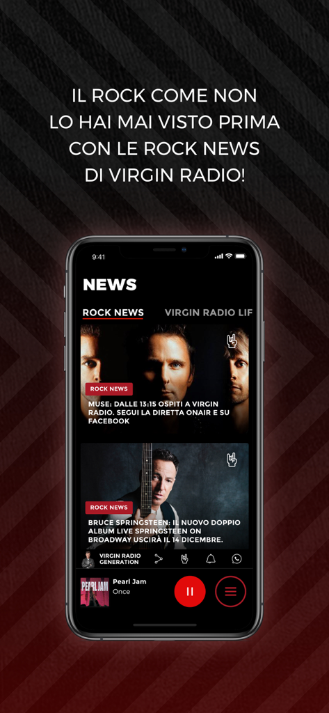Un telefono cellulare che mostra la sezione Rock News dell'app Virgin Radio Italy con articoli su Muse e Bruce Springsteen