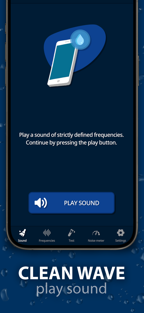 Clean Wave app interface showing the play sound button to eject water from speakers