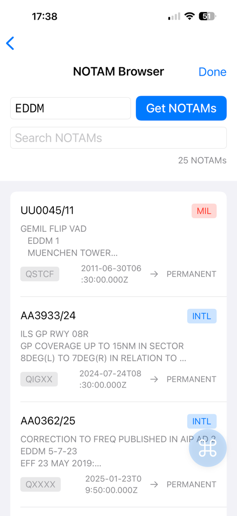 FlightMate – Pilot Tools - NOTAM browser screen in the FlightMate pilot app showing airport notices.