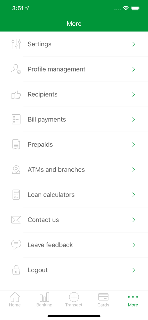 Nedbank Money (Africa) - The More menu of the Nedbank Money Africa app showing settings profile management and loan calculators