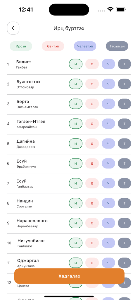 School Nutrition - 학교 급식 앱 화면에 일일 식사 관리를 위한 학생 출석 목록 표시