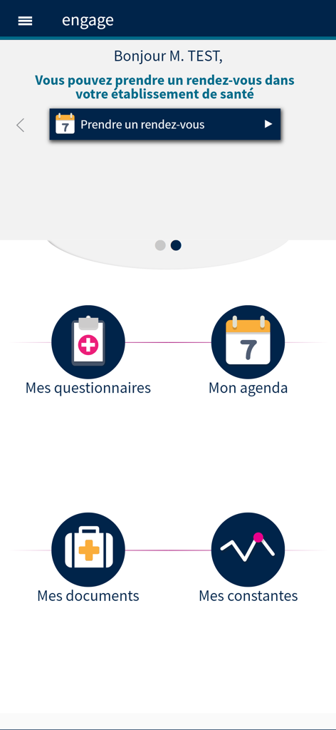 Baclesse&moi - Tableau de bord de l'application médicale Baclesse et moi montrant les options de menu pour les rendez-vous, les questionnaires, le calendrier, les documents et les constantes vitales.