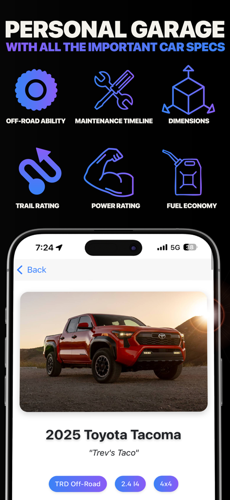Offroadin’: Trail Maps & GPS - Personal garage feature in the Offroadin app showing vehicle specifications and maintenance tracking for a Toyota Tacoma