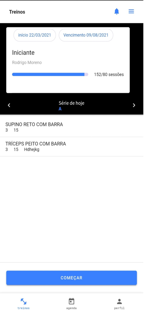 Skyfit App - Skyfit 앱 운동 화면, 초보자 루틴을 위한 운동 목록 및 세션 진행 상황 표시