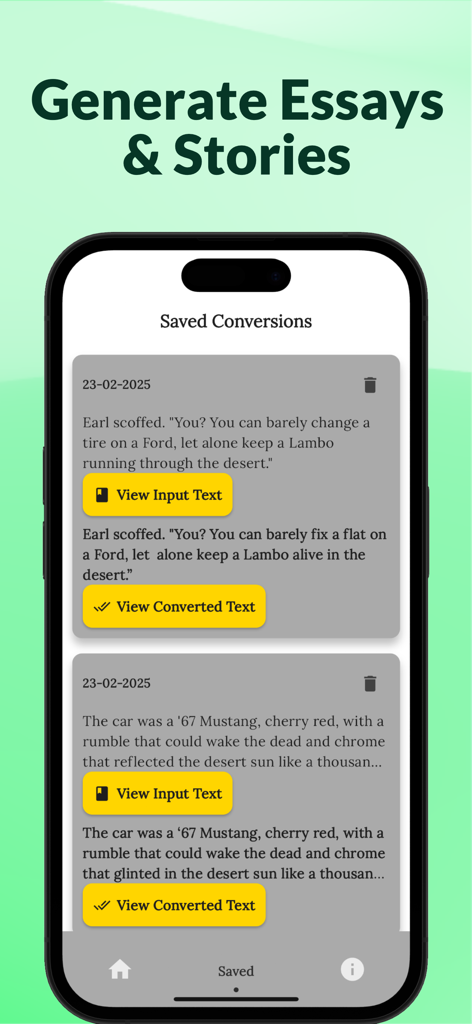 AI Detector & Humanizer Pro - Saved text conversions and essay generation interface on the AI Detector and Humanizer Pro mobile app
