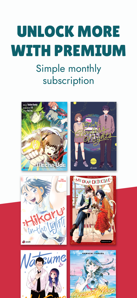 Omoi: Manga Reader - Tela promocional para Omoi Manga Reader destacando a assinatura mensal premium com uma variedade de capas de mangá