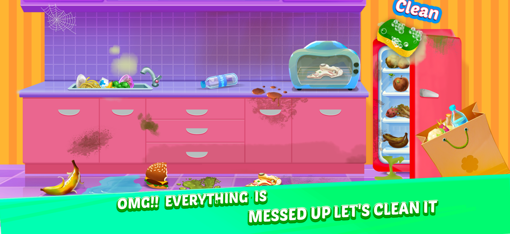 House Cleanup - Cleaning games - ピンクのキャビネットと床に散らかった食べ物がある漫画のキッチン。掃除が必要な「ハウス・クリーンアップ」ゲーム。