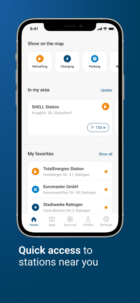 DKV Mobility - L'écran d'accueil de l'application DKV Mobility affiche les stations de ravitaillement et de recharge à proximité ainsi que les favoris.
