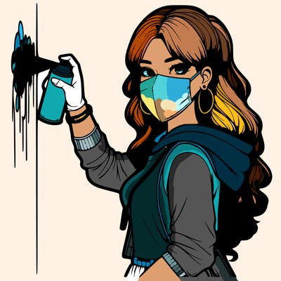realistic girl with mask spray painting a wall