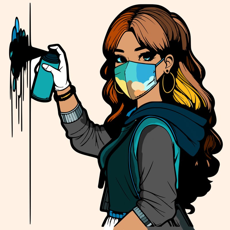 realistic girl with mask spray painting a wall