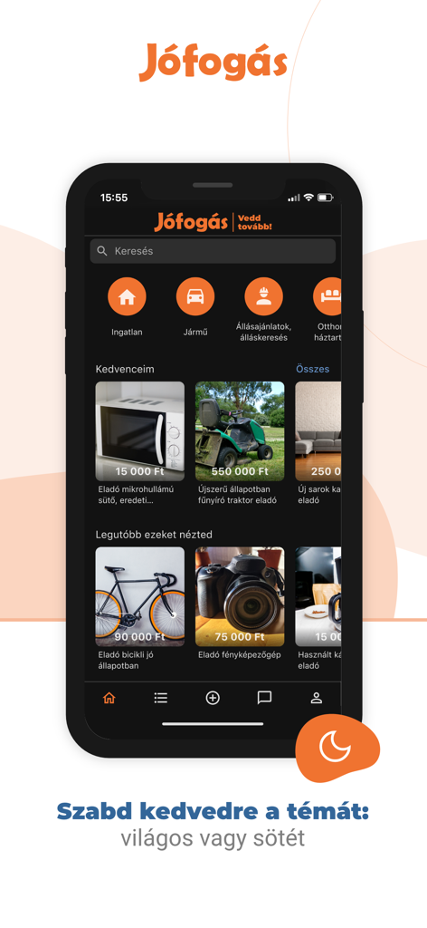 Screenshot of the Jófogás Hungarian classifieds marketplace app displaying product listings and categories in dark mode theme.