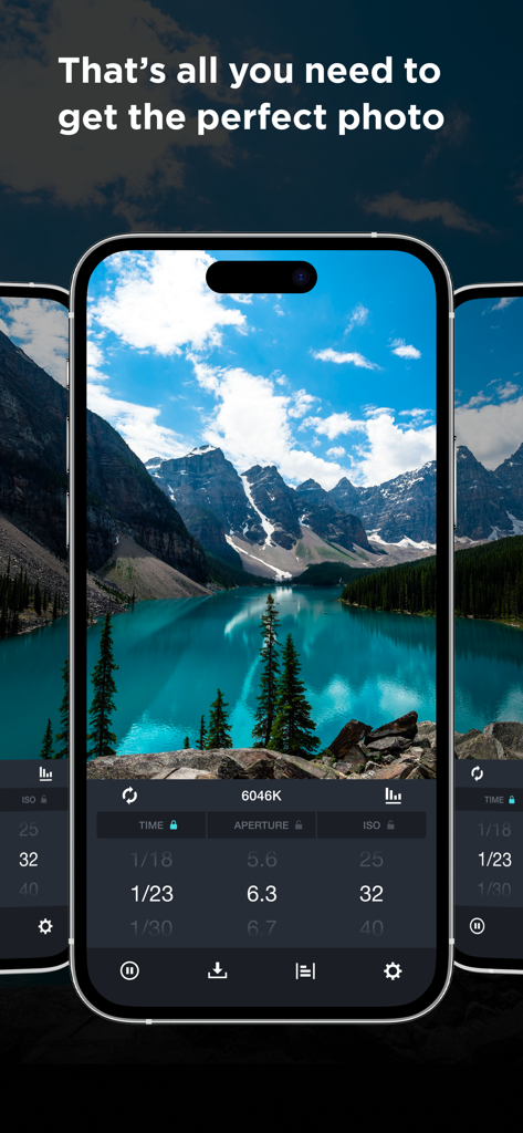 Pantalla de smartphone mostrando una aplicación de fotómetro con ajustes de exposición sobre un paisaje de lago de montaña