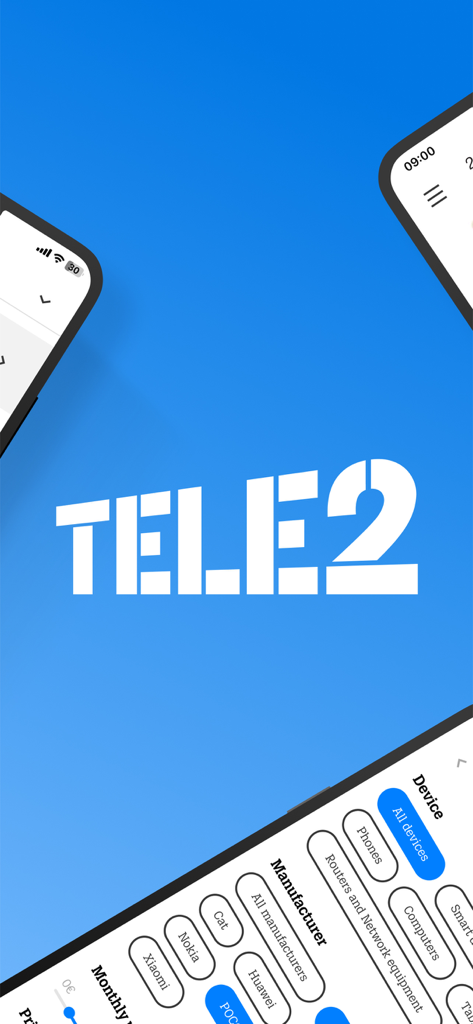 Mans Tele2 - Tele2 logo on a blue background with mobile app screens showing device and manufacturer selection