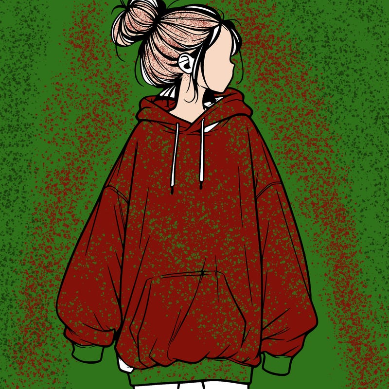 realistic girl with a oversized sweatshirt on and a bun