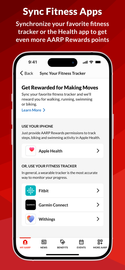 Interfaz de la aplicación AARP Now para sincronizar monitores de actividad física como Apple Health y Fitbit para ganar puntos de recompensa