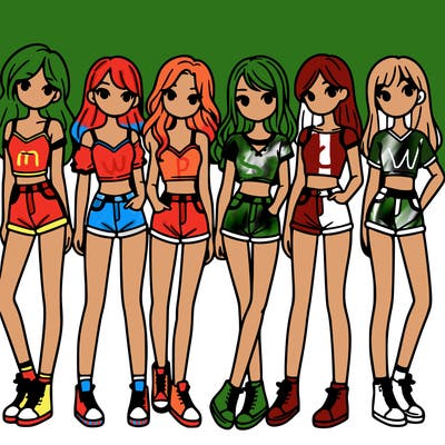 a group of girls wearing crop tops and shorts