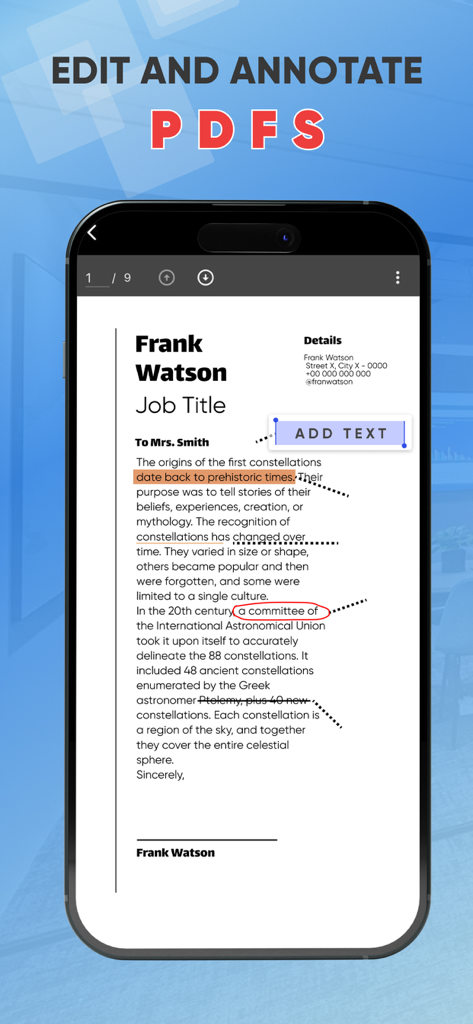 Fast PDF Reader & Converter - Fast PDF Reader app interface showing document editing and annotation features on an iPhone