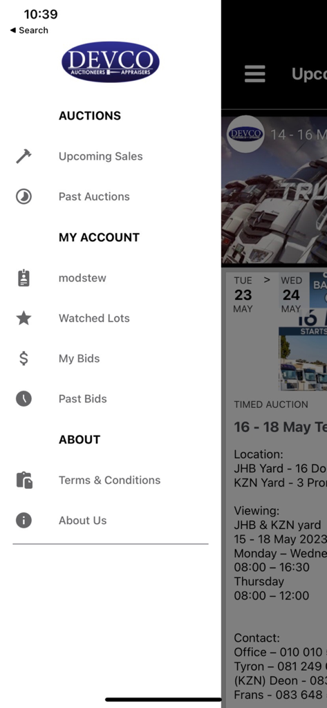 Devco Online - Side navigation menu of the Devco Online app showing auctions, account settings, and watched lots.