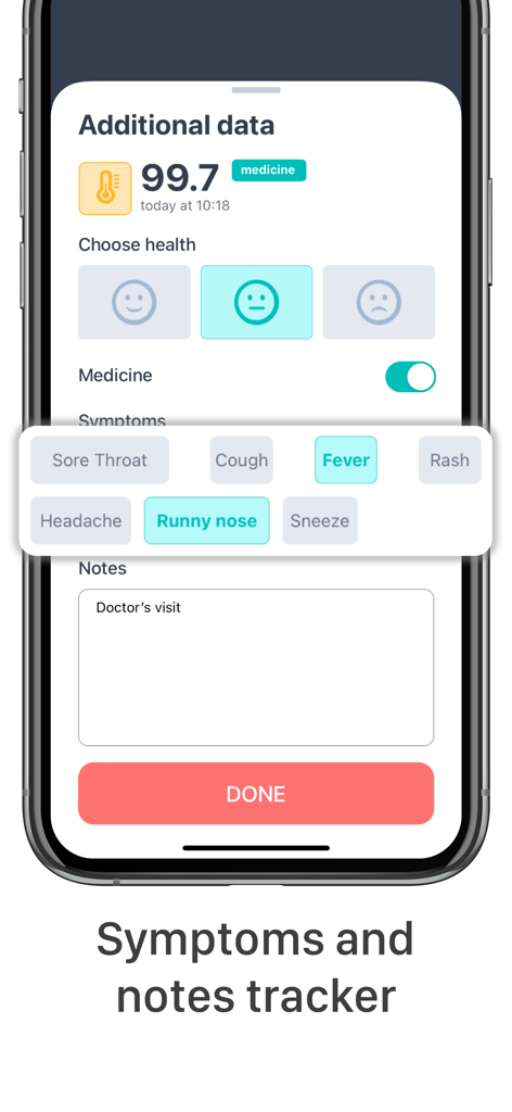 Interface of the Fever Thermometer app showing a symptoms and notes tracker with temperature logging
