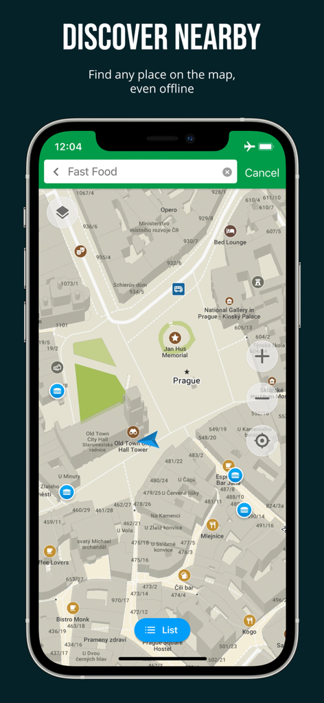 Organic Maps: Offline Map - Buscando comida rápida en un mapa detallado offline de Praga en la aplicación Organic Maps
