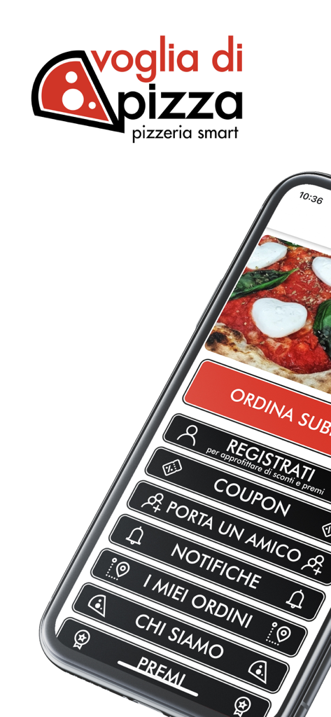 Voglia di Pizza - Interface of the Voglia di Pizza app showing order options and rewards menu