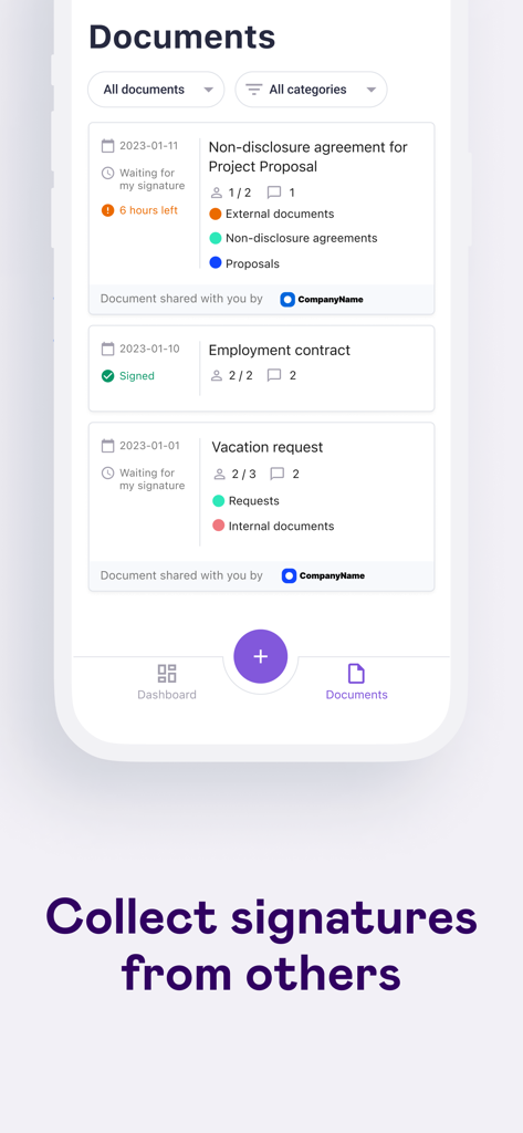 A mobile app screen showing a list of documents with their current signature status and categories in Dokobit