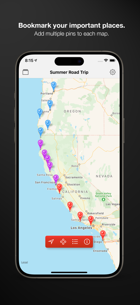 Pinbox - Map Your World - Pinbox app interface on iPhone displaying a summer road trip map with several colored pins along the West Coast
