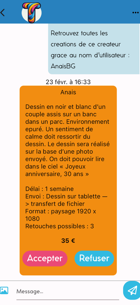 Interface of the Thalie app showing a custom art commission request with price and delivery details