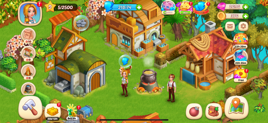 Dreamy Harvest: Farm Island - A gameplay screenshot of Dreamy Harvest Farm Island showing the character Amelia standing on a tropical farm with various farm buildings and a cooking pot