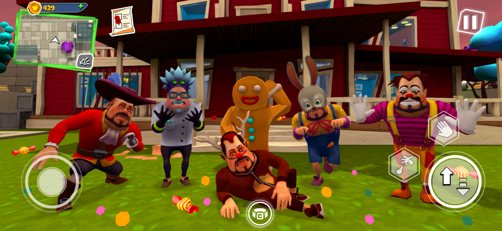 Un grupo de personajes peculiares y misteriosos frente a una casa roja en Dark Riddle 2 Mars.