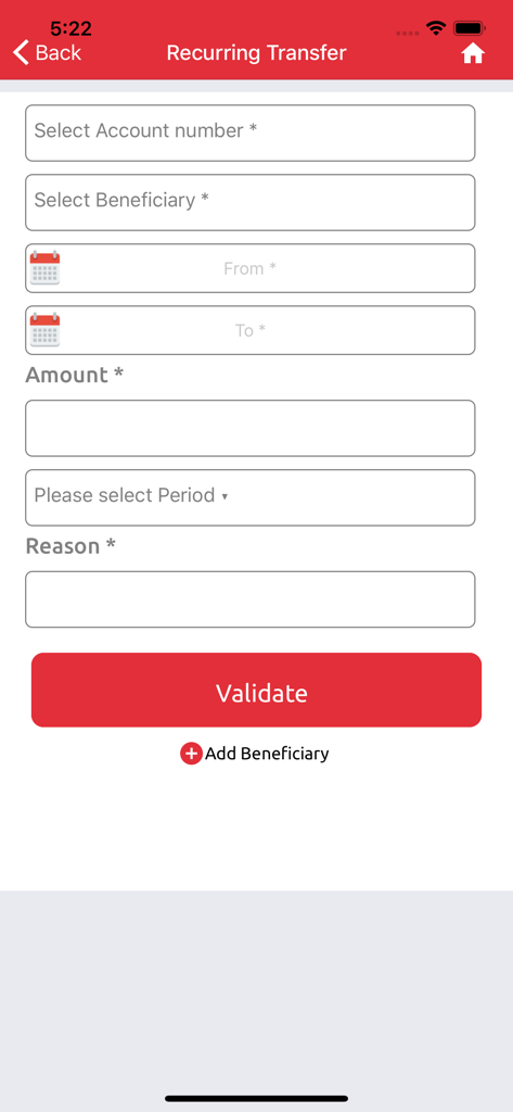 SARA BY AFRILAND - SARA BY AFRILAND mobile app recurring transfer screen showing account and beneficiary selection