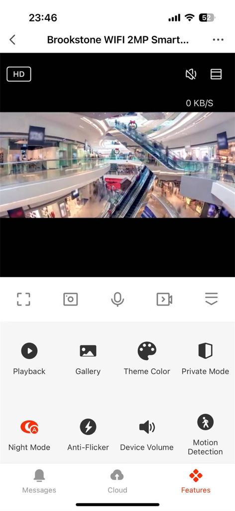 Brookstone - Brookstone smart home app showing a live security camera feed of a mall with various control icons like playback and motion detection