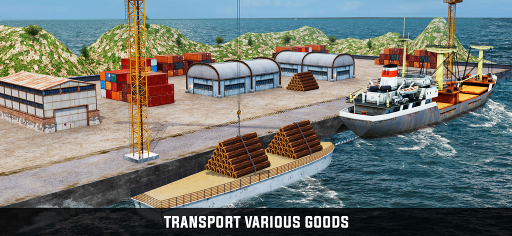 Cargo Ship Sea Port Transport - Um navio de carga e um barco menor carregando toras de madeira em um porto industrial movimentado.